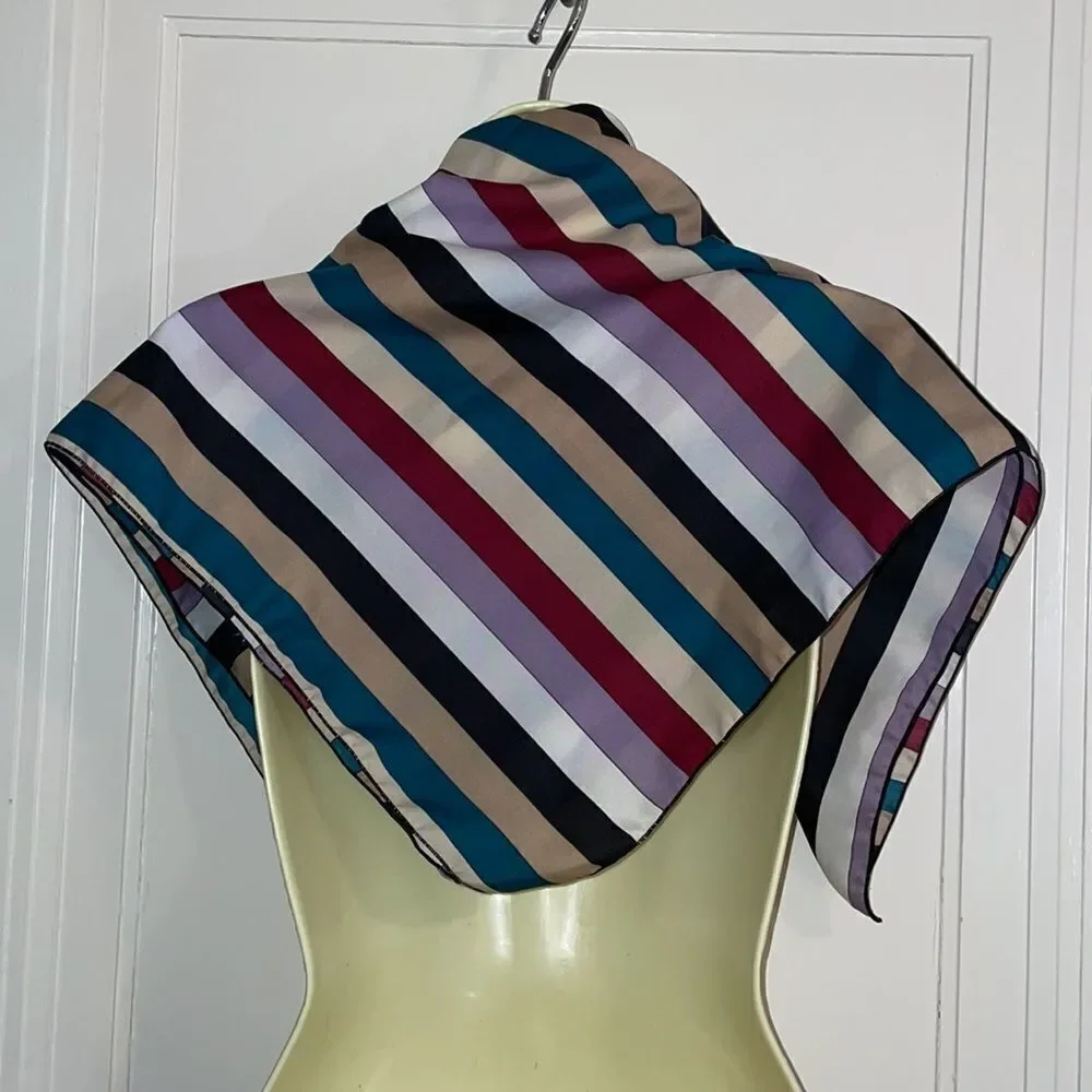 Vtg 70s/80s green,tan, black, white, lavender & maroon striped‎ polyester scarf